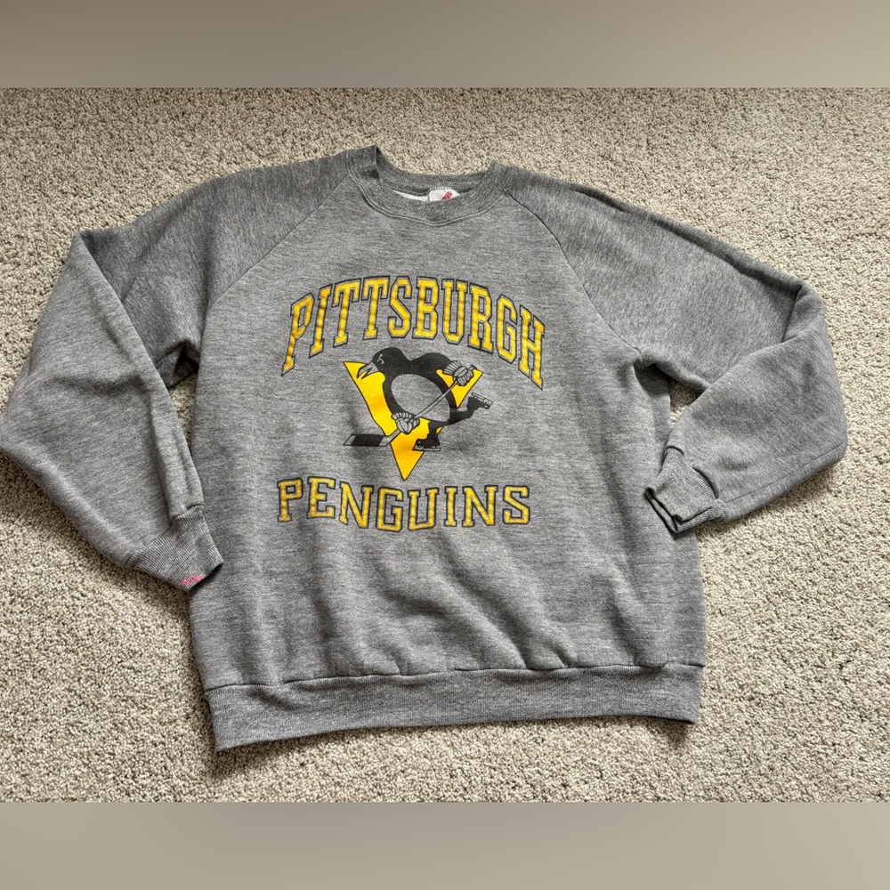 Vintage Jerzees Pittsburgh Penguins Sweatshirt Gray Hockey Fitted Large Cotton